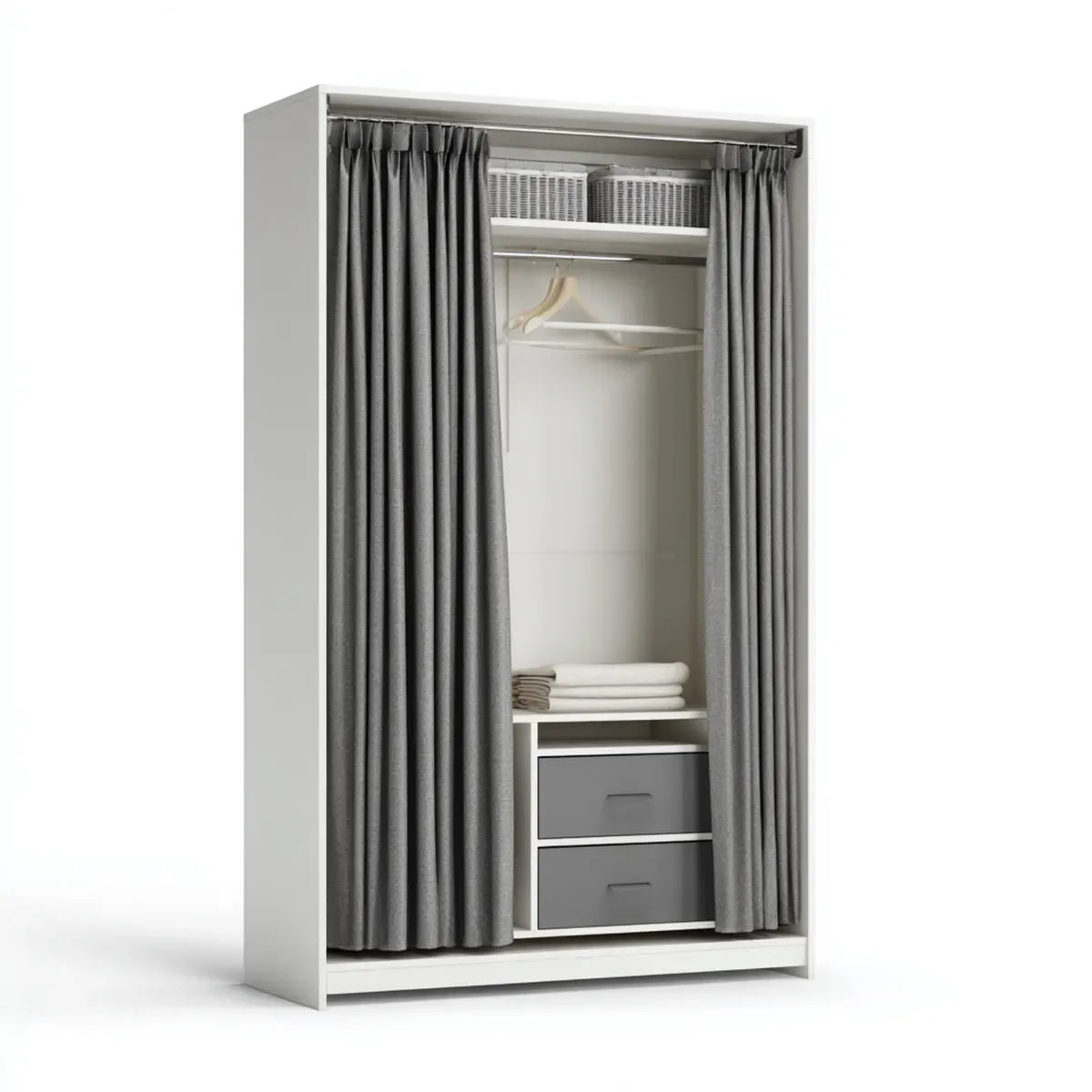 Armoire de chambre grise et blanche avec rideaux 100 x 50 x 180 cm en panneaux de particules et polyester