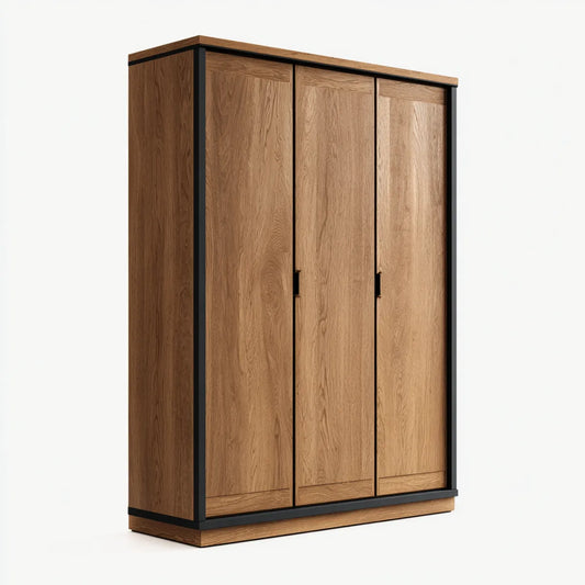 Armoire de chambre 3 portes décor chêne et noir en panneaux mélaminés 150 x 60 x 200 cm rectangulaire