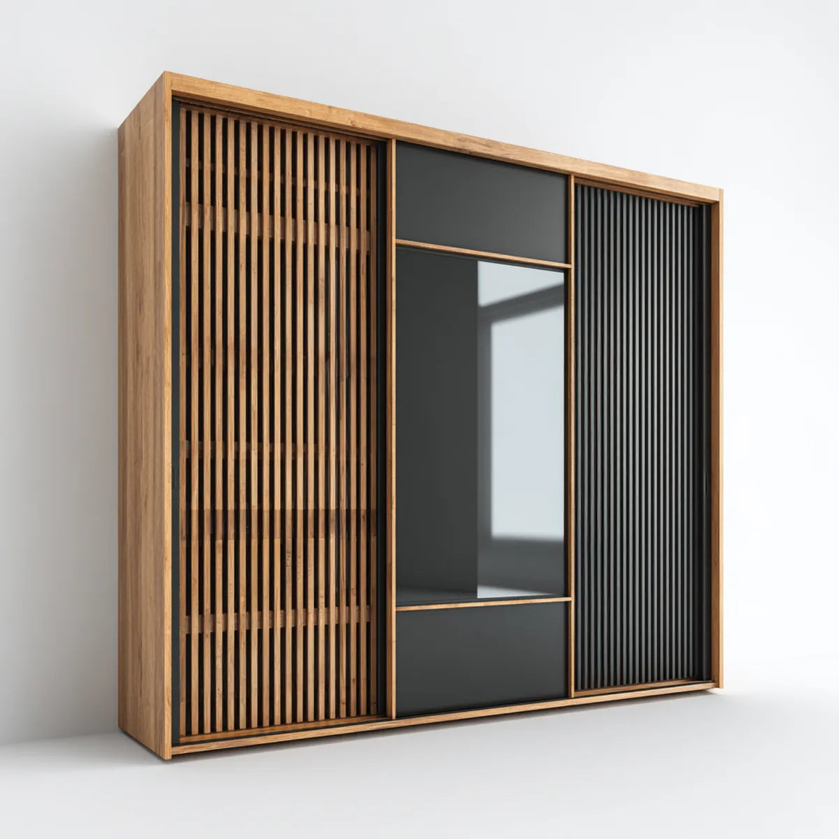 Armoire coulissante 3 portes noyer et noir avec miroir 200 x 60 x 220 cm en MDF et verre
