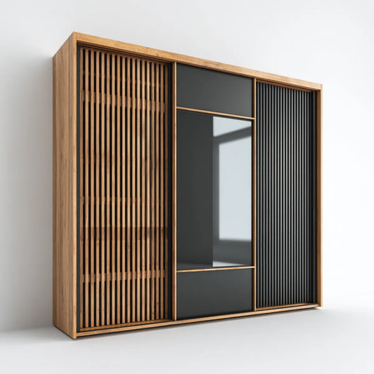 Armoire coulissante 3 portes noyer et noir avec miroir 200 x 60 x 220 cm en MDF et verre
