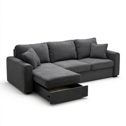 Canapé d'angle réversible avec méridienne et tiroir de rangement gris anthracite 250 x 160 x 85 cm en polyester forme en L