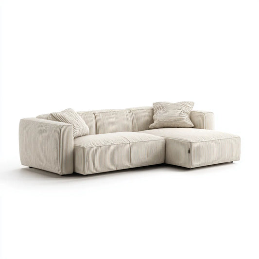 Canapé d'angle 3 places avec méridienne droite beige en velours côtelé polyester 220 x 160 x 78 cm