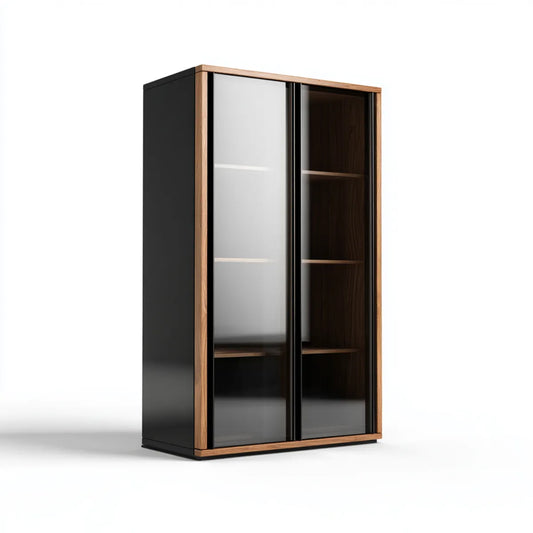 Armoire à portes coulissantes noire et chêne 100 x 60 x 200 cm en MDF et verre fumé rectangulaire