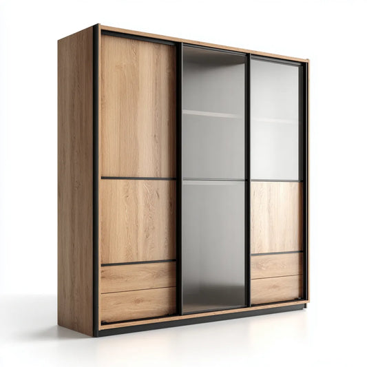 Armoire penderie à portes coulissantes chêne et noir 180 x 60 x 220 cm en panneaux de particules mélaminés et verre trempé