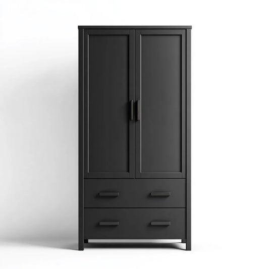Armoire de chambre noire à 2 portes et 2 tiroirs en panneaux de particules 80 x 40 x 180 cm rectangulaire